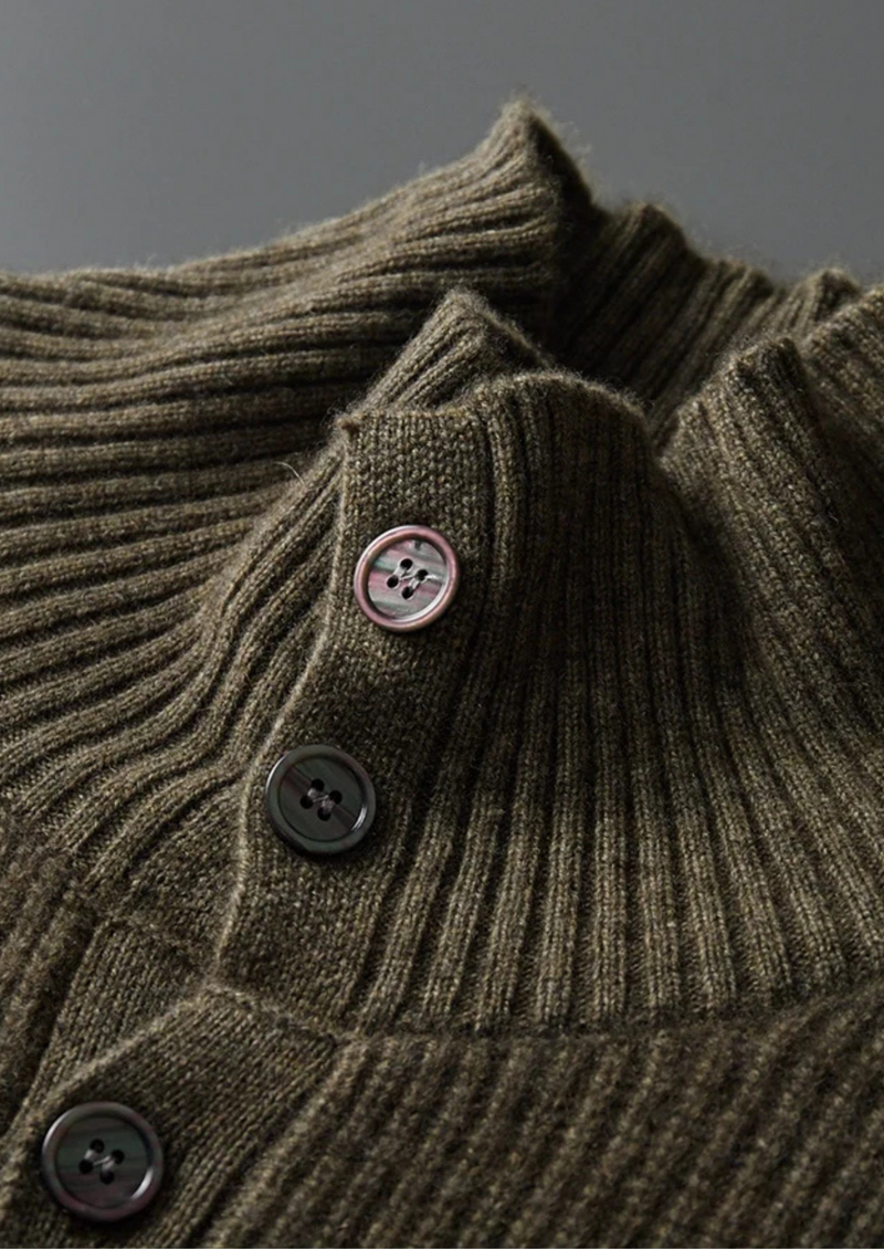 100% CASHMERE RIBBED HIGH COLLAR CARDIGAN