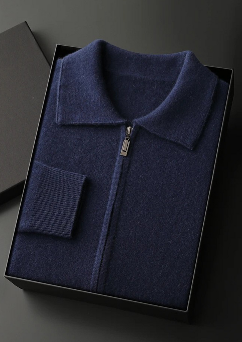 100% CASHMERE ZIP POLO CARDIGAN