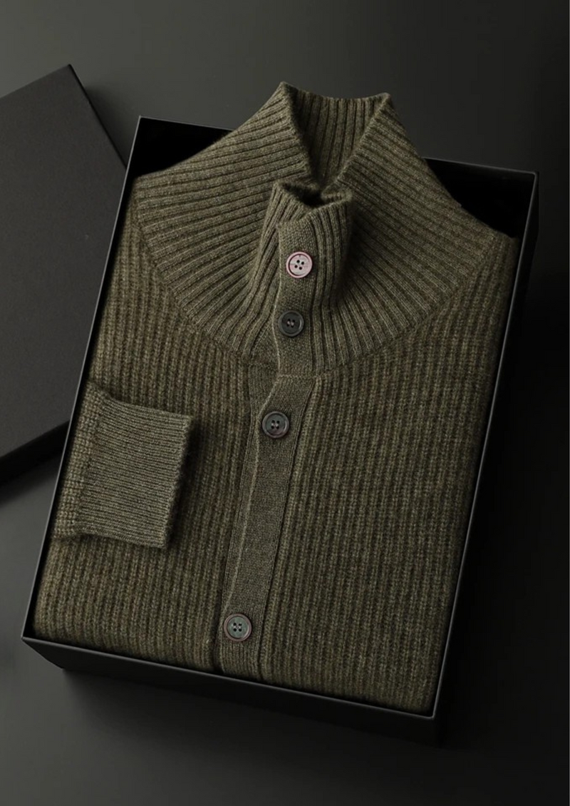 100% CASHMERE RIBBED HIGH COLLAR CARDIGAN