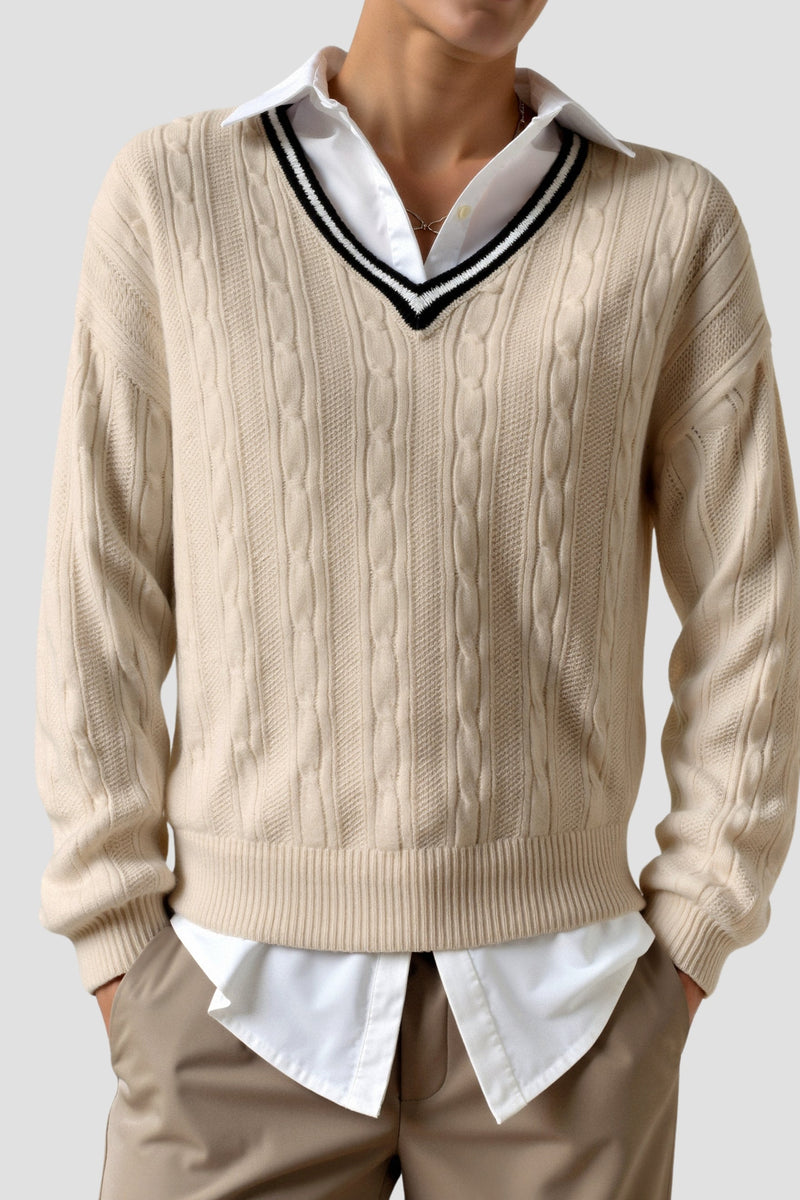 V Neck Elegant Cable Knit Long Sleeve Sweater