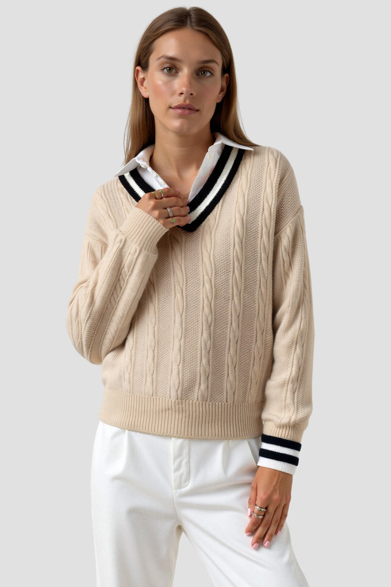 V Neck Elegant Cable Knit Long Sleeve Sweater