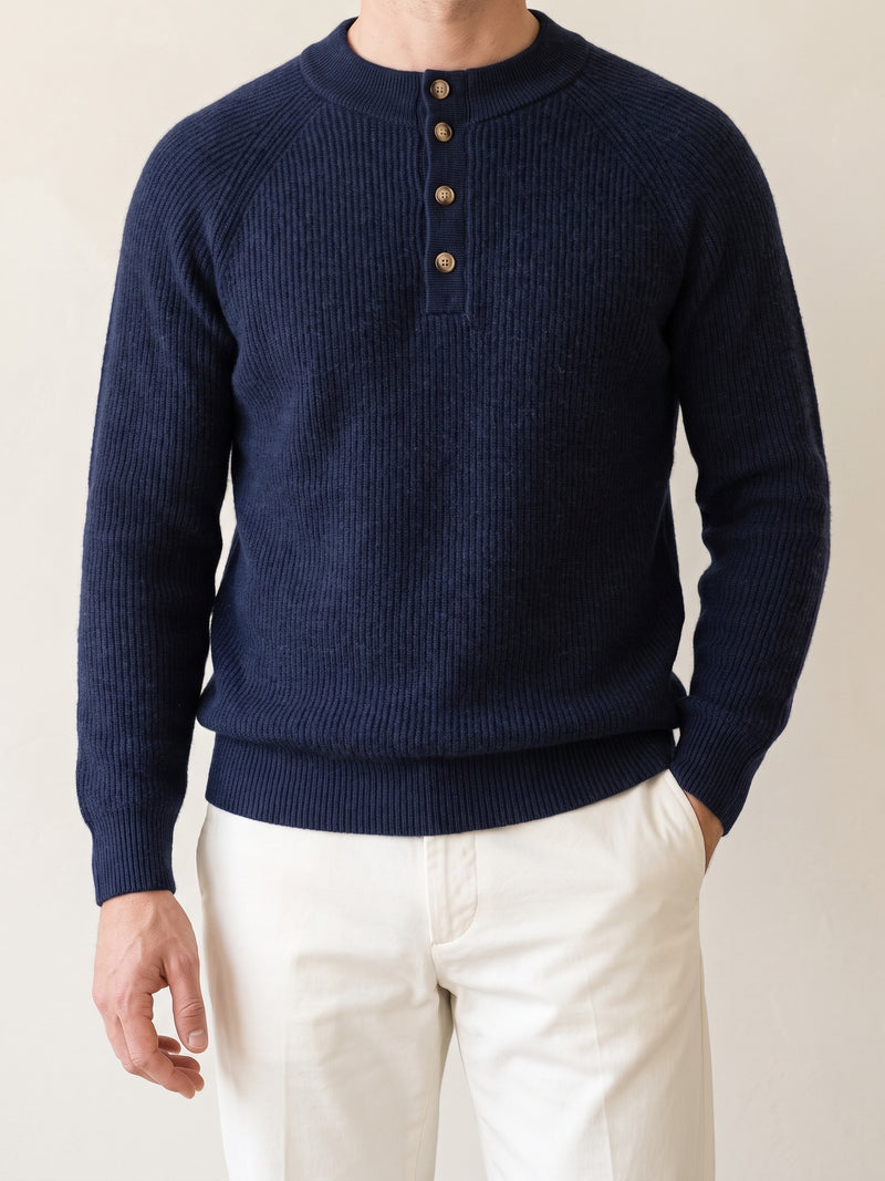 100% Cashmere Button Sweater – Navy Blue lifestyle
