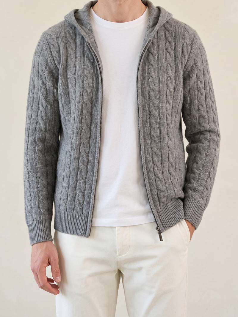 100% Cashmere Cable Knit Zipper Hoodie – Gray lifestyle