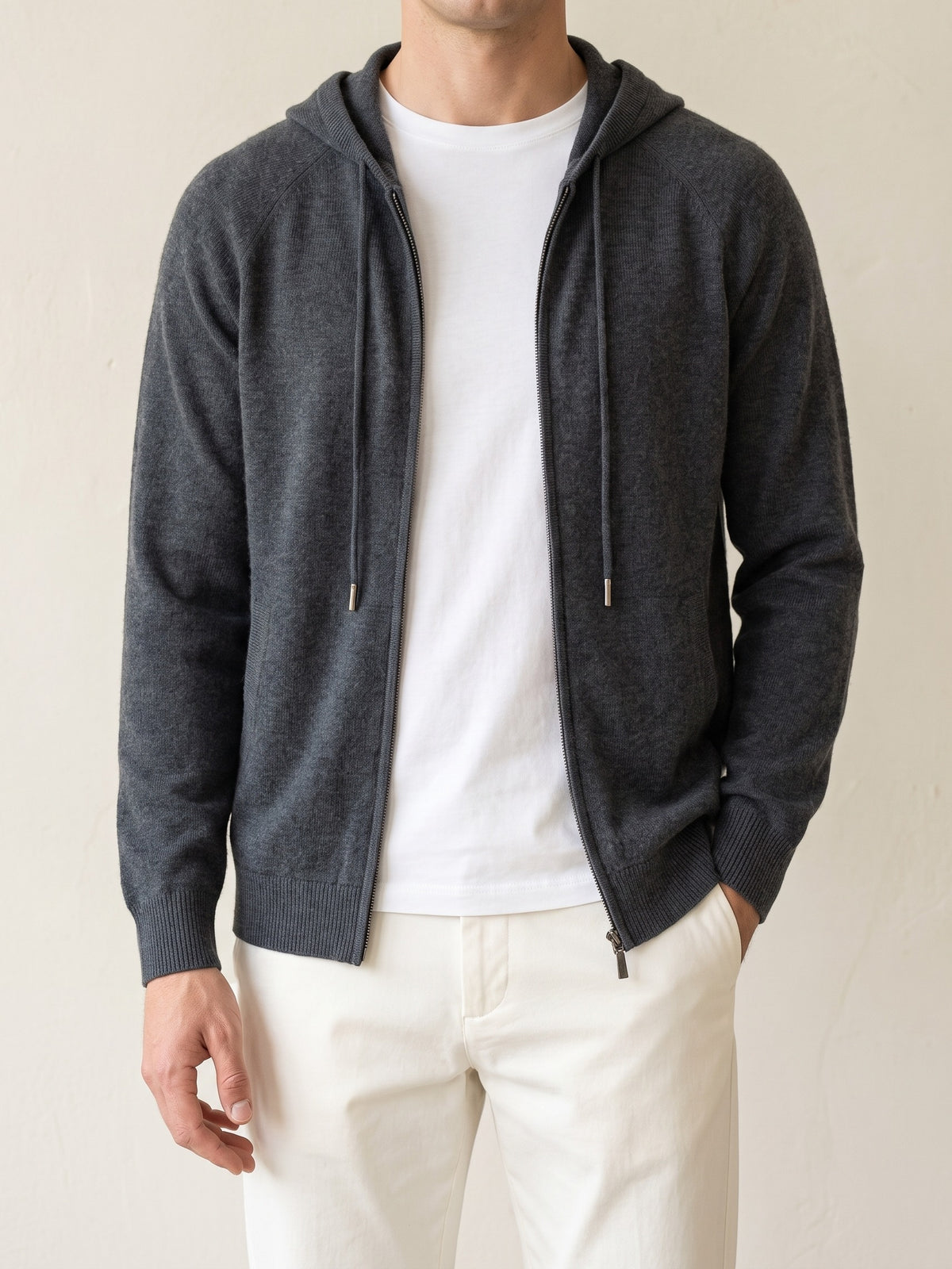 100% Cashmere Hooded Vest – Elephant Gray lifestyle