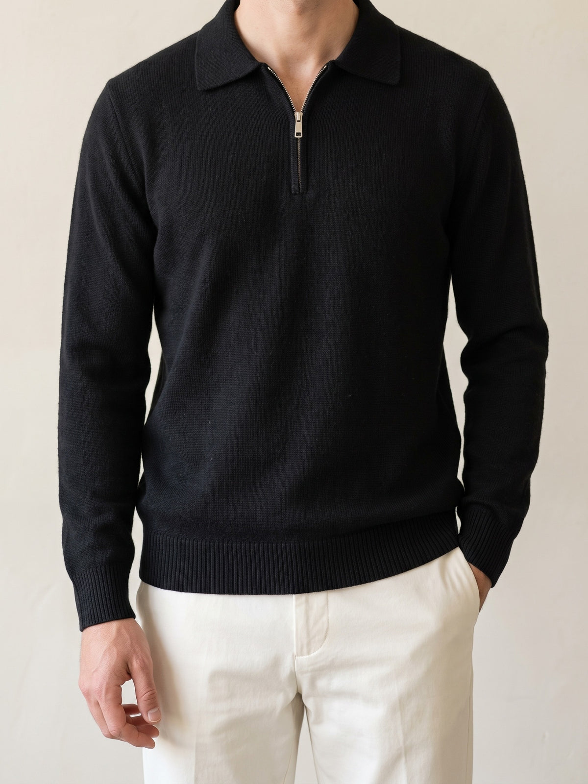 100% Cashmere Quater Zip Sweater – Black lifestyle