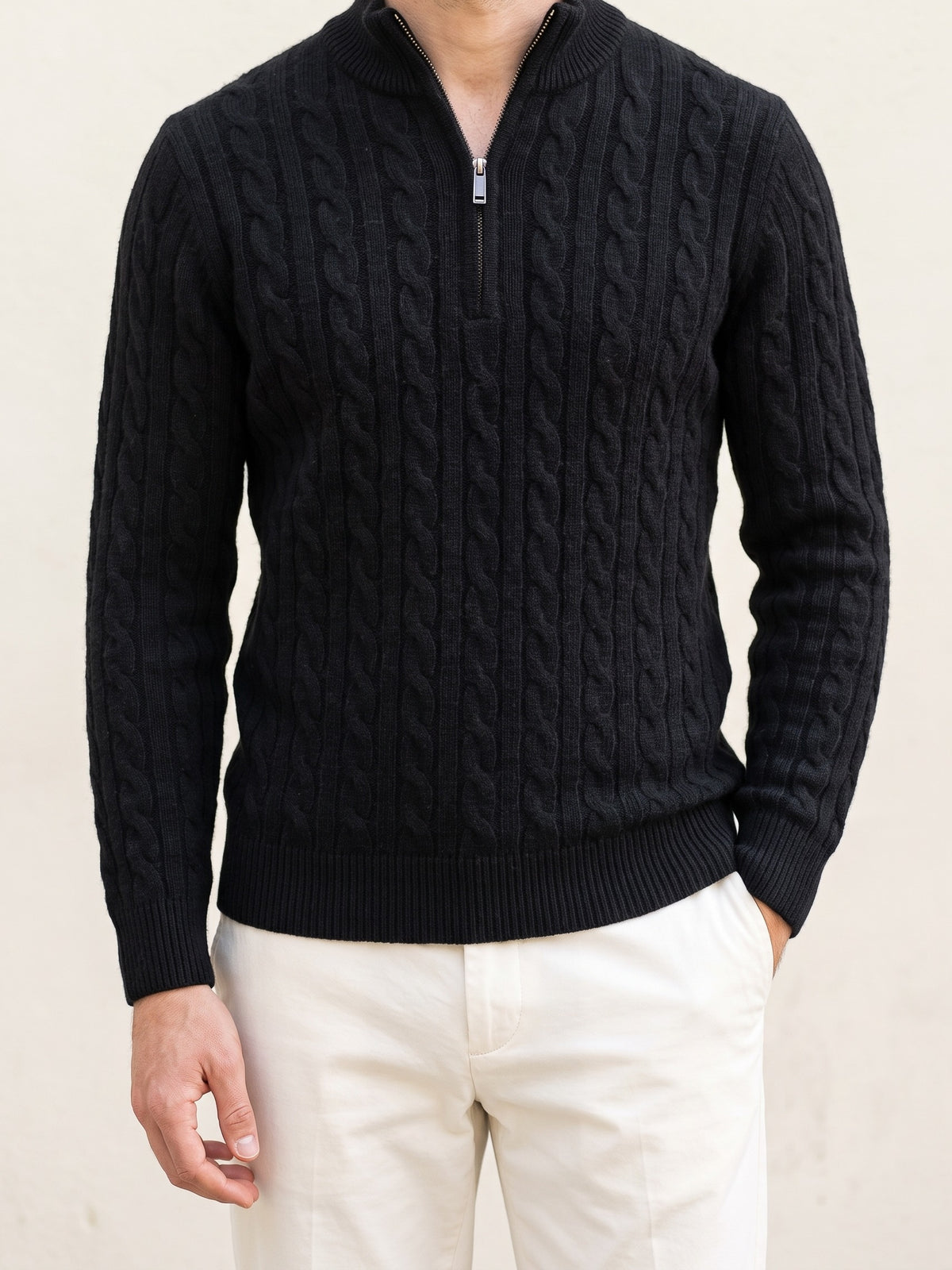 100% Cashmere Woven Half Zip – Black lifestyle
