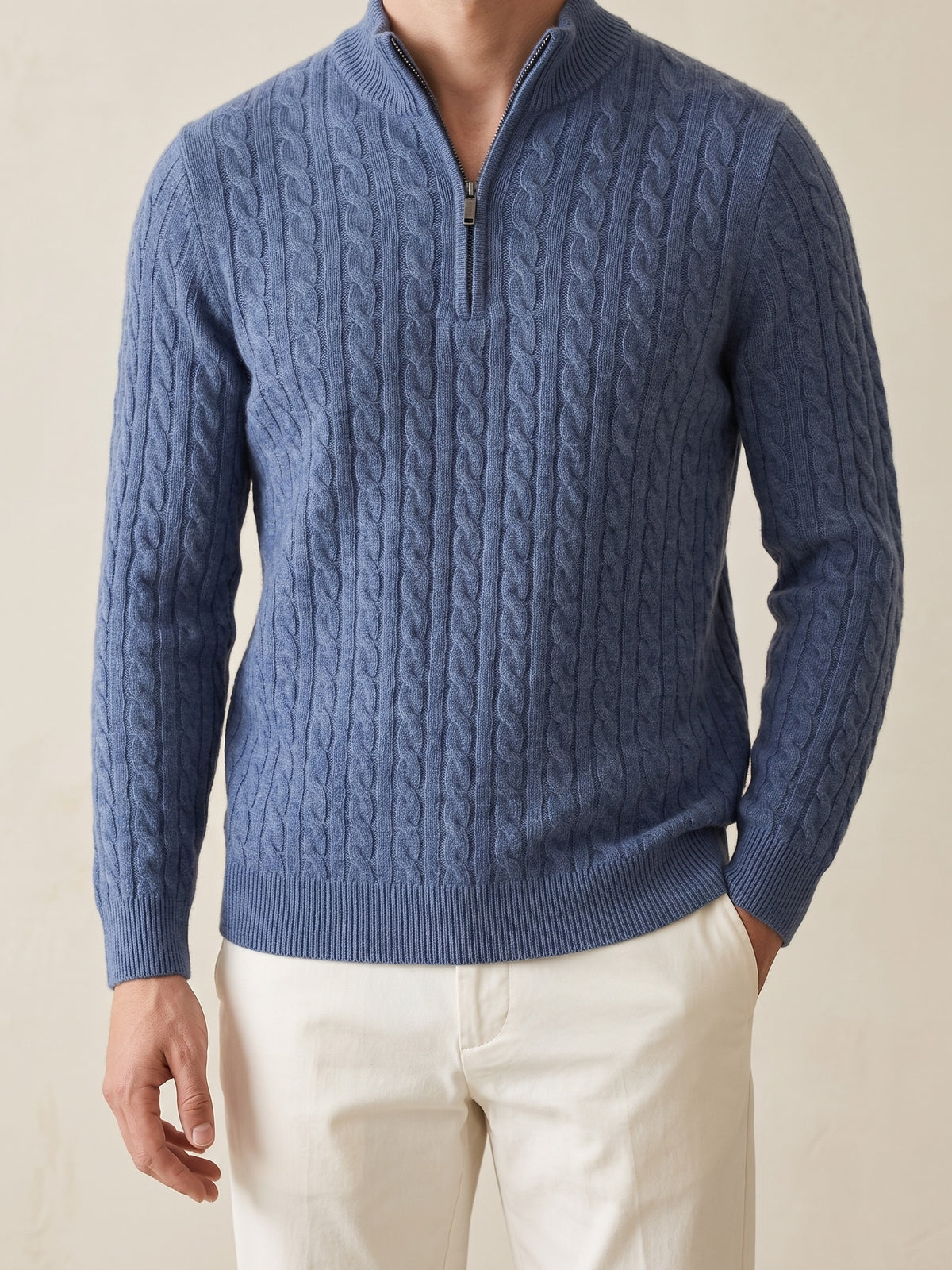 100% Cashmere Woven Half Zip – Blue lifestyle
