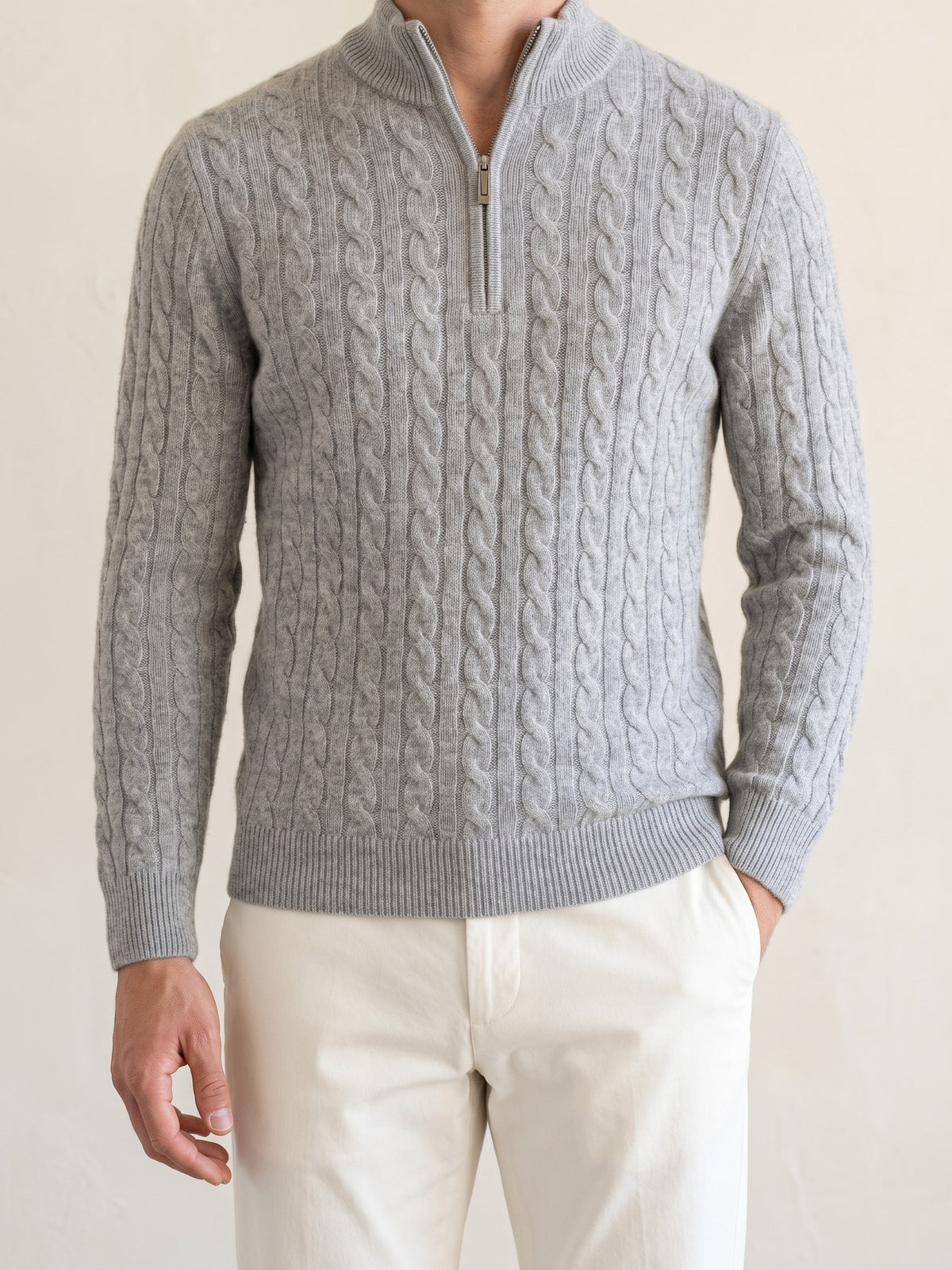 100% Cashmere Woven Half Zip – Gray lifestyle