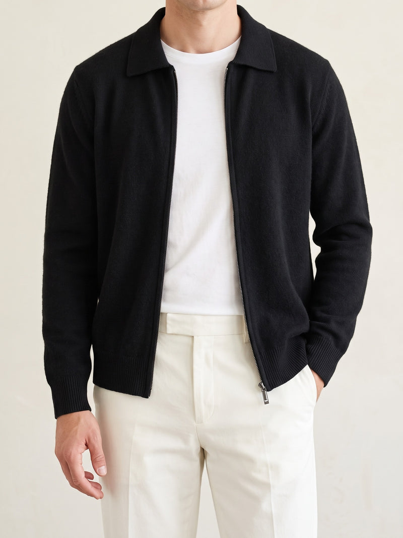 100% Cashmere Zip Polo Cardigan – Black lifestyle