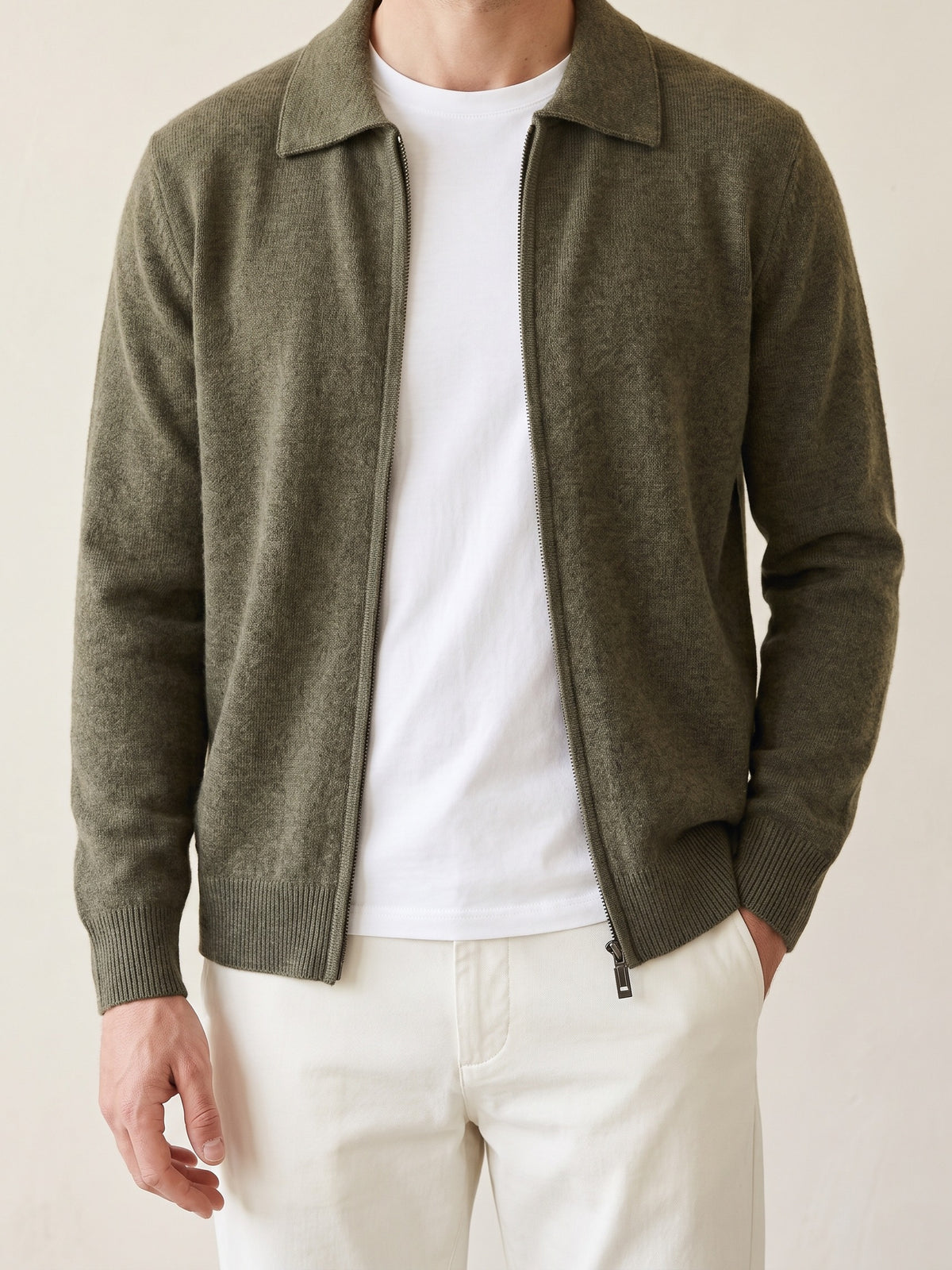 100% Cashmere Zip Polo Cardigan – Olive lifestyle