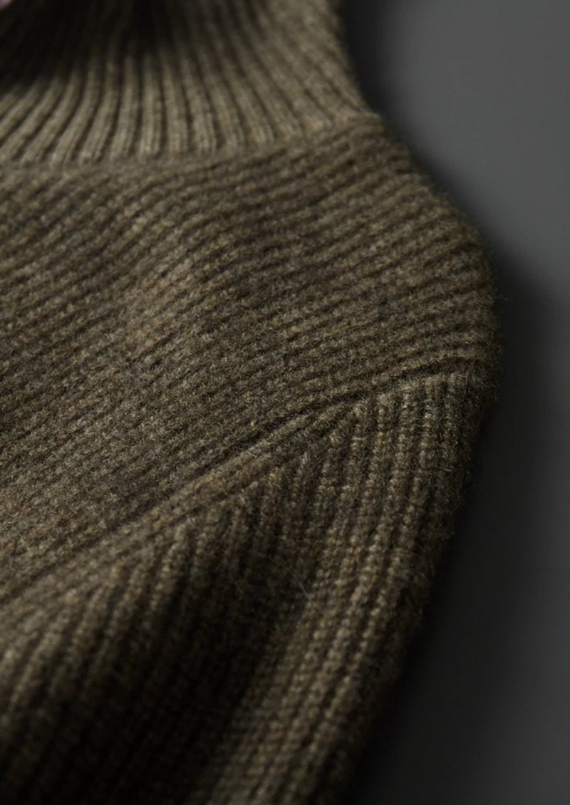 100% CASHMERE RIBBED HIGH COLLAR CARDIGAN