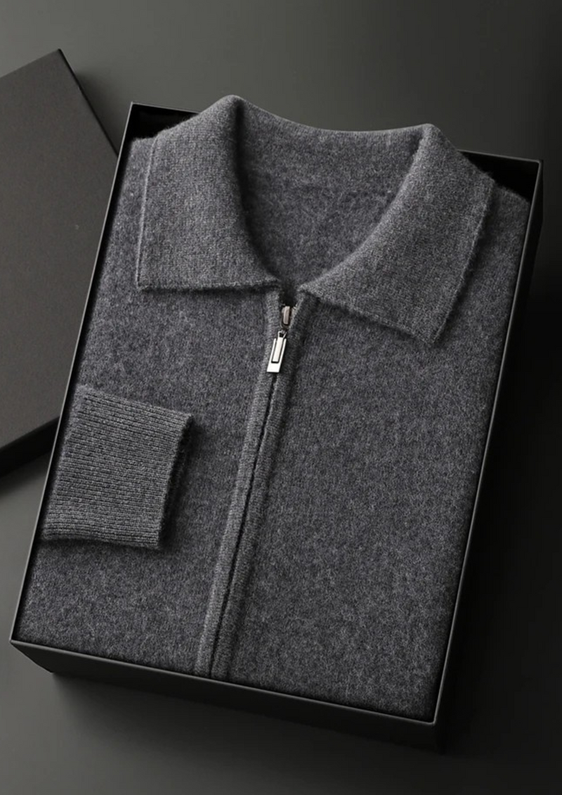 100% CASHMERE ZIP POLO CARDIGAN