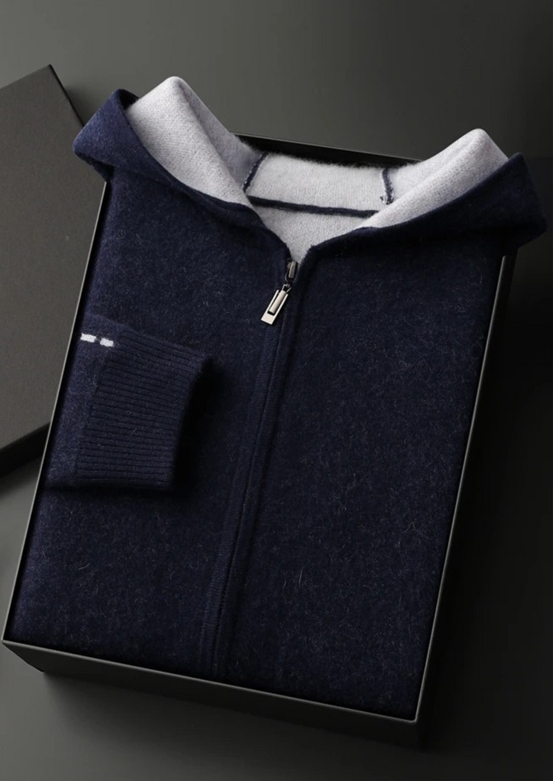 100% CASHMERE TWO -TONE ZIPPER HOODIE