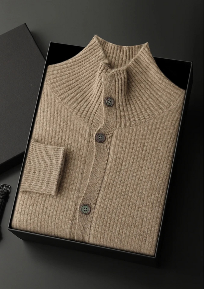 100% CASHMERE RIBBED HIGH COLLAR CARDIGAN