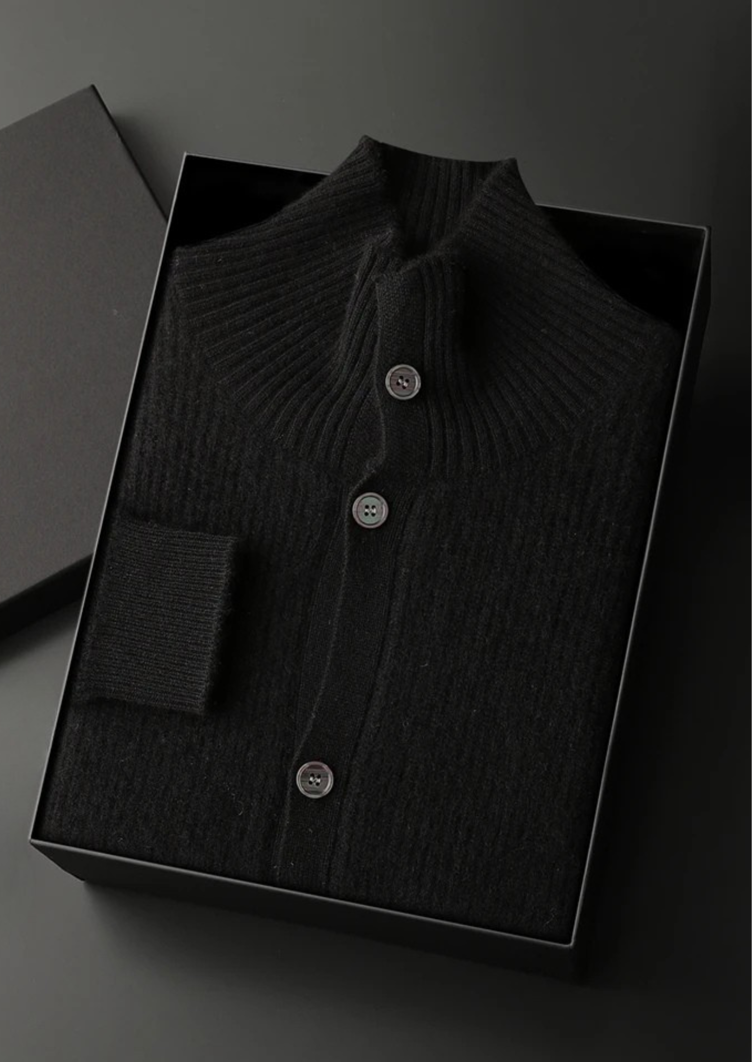 100% CASHMERE RIBBED HIGH COLLAR CARDIGAN