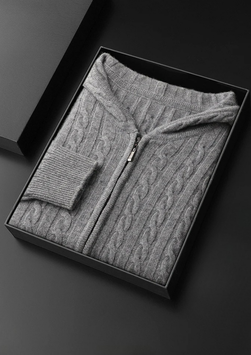 100% CASHMERE CABLE KNIT ZIPPER HOODIE