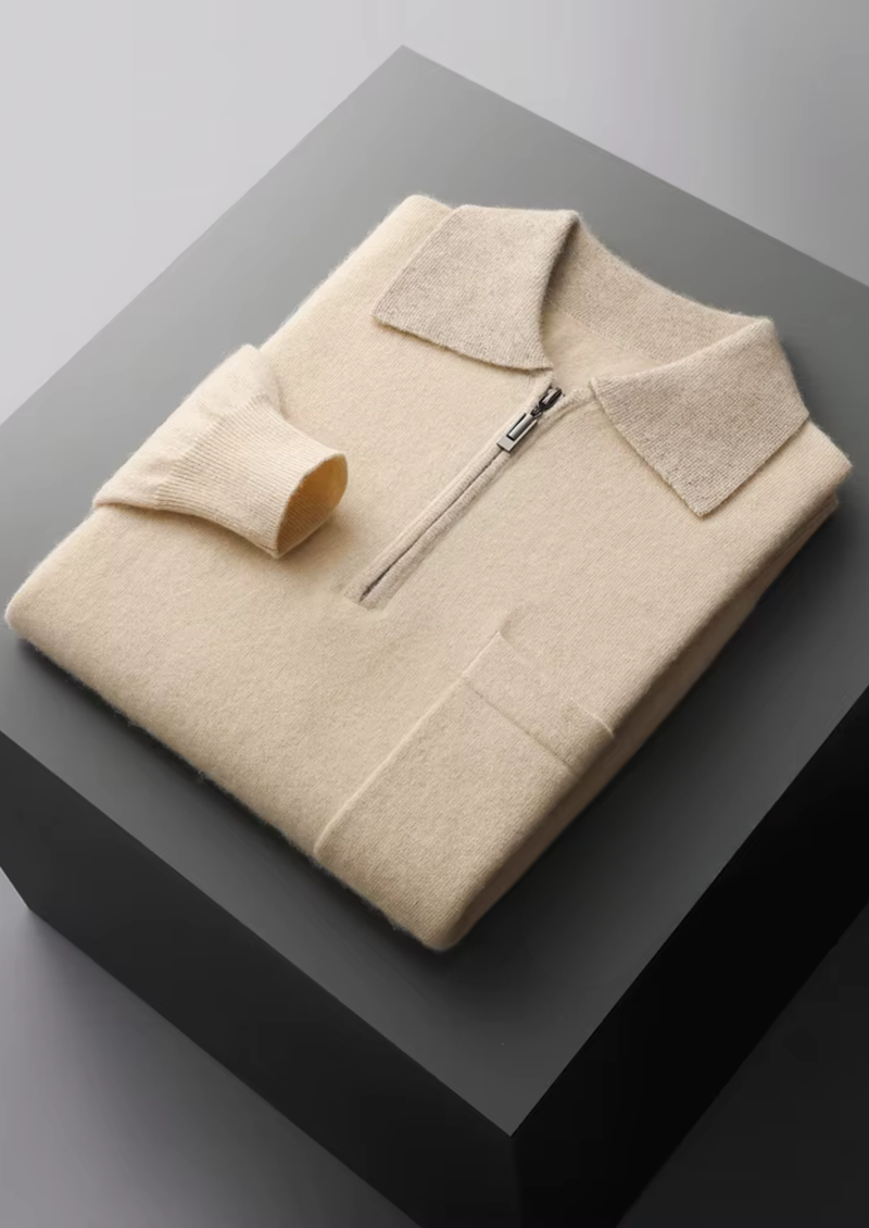 100% CASHMERE TWO TONE ZIPPER POLO