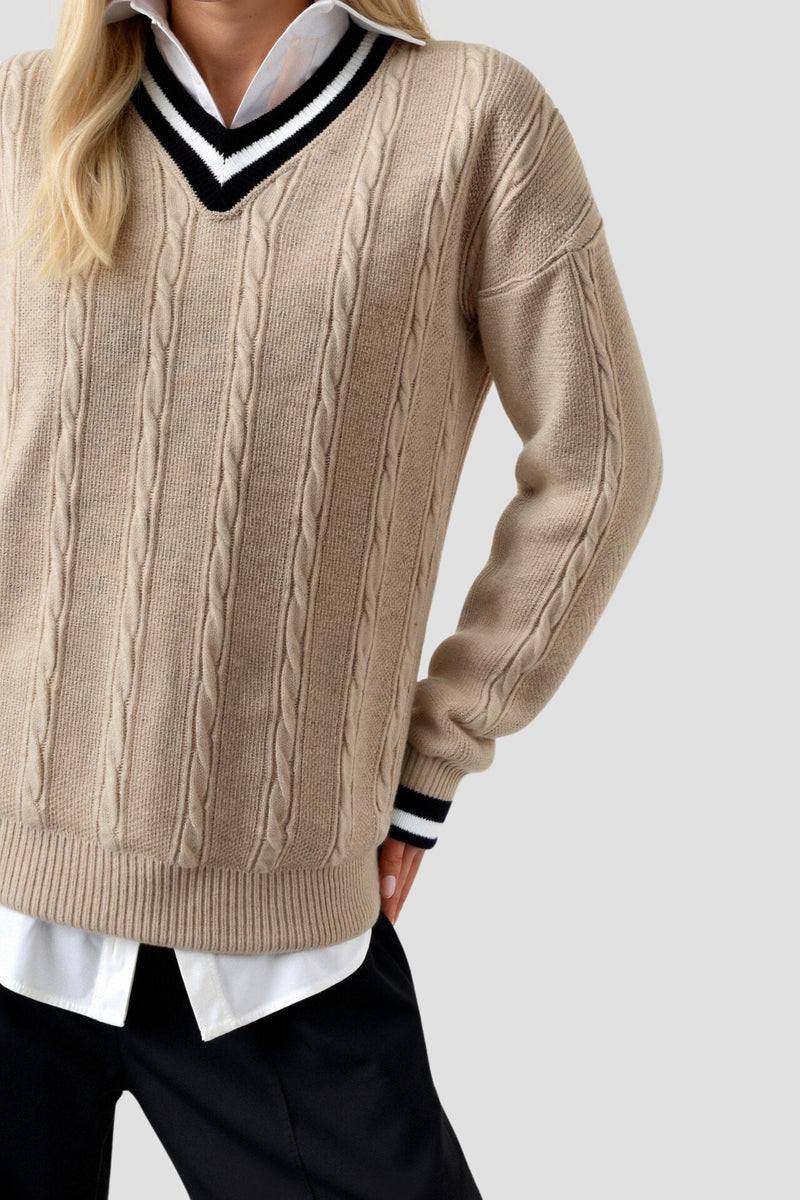 V Neck Elegant Cable Knit Long Sleeve Sweater