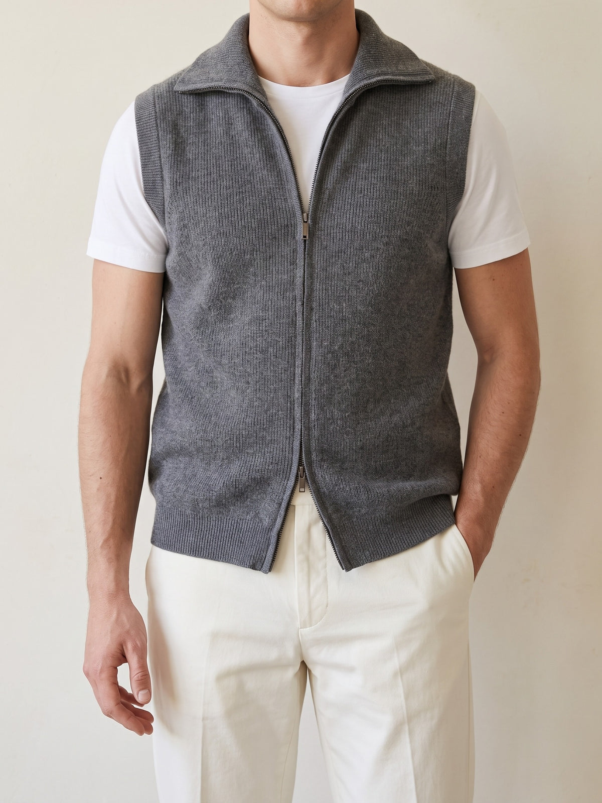 100% Cashmere Body Warmer Vest – Dark Gray lifestyle