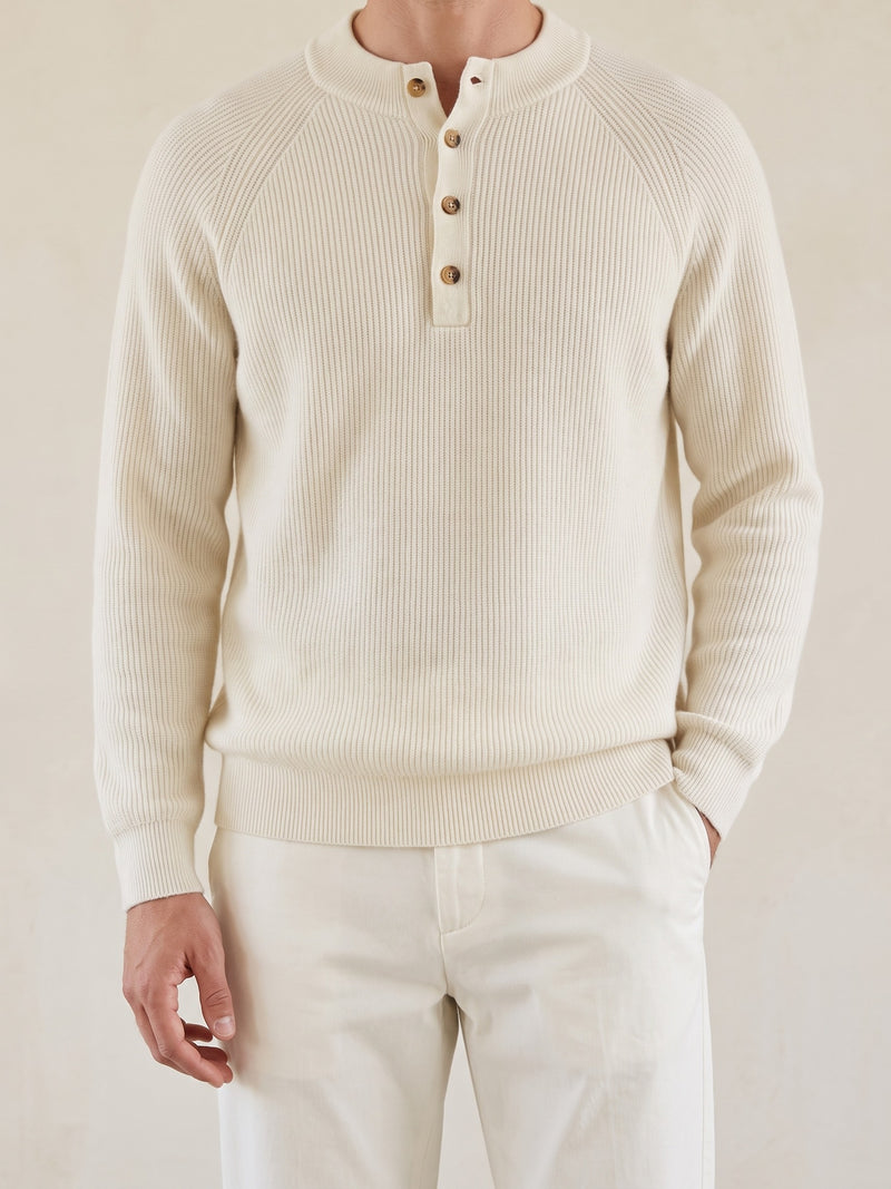 100% Cashmere Button Sweater – Cream White lifestyle