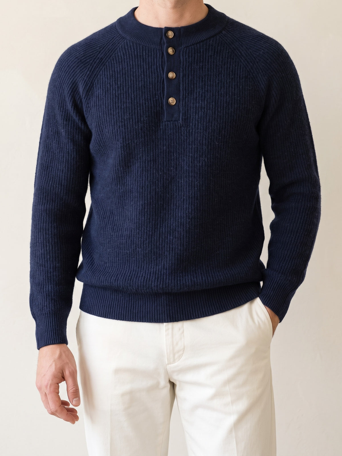 100% Cashmere Button Sweater – Navy Blue lifestyle