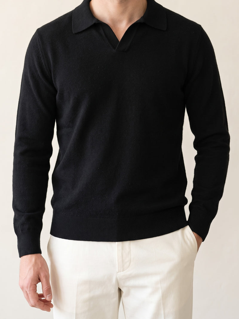 100% Cashmere Buttonless Sweater Polo – Black lifestyle