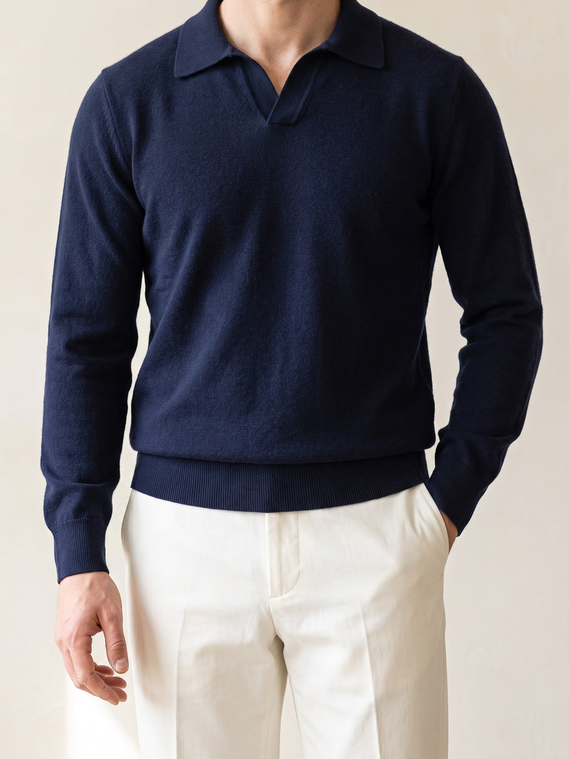 100% Cashmere Buttonless Sweater Polo – Navy Blue lifestyle