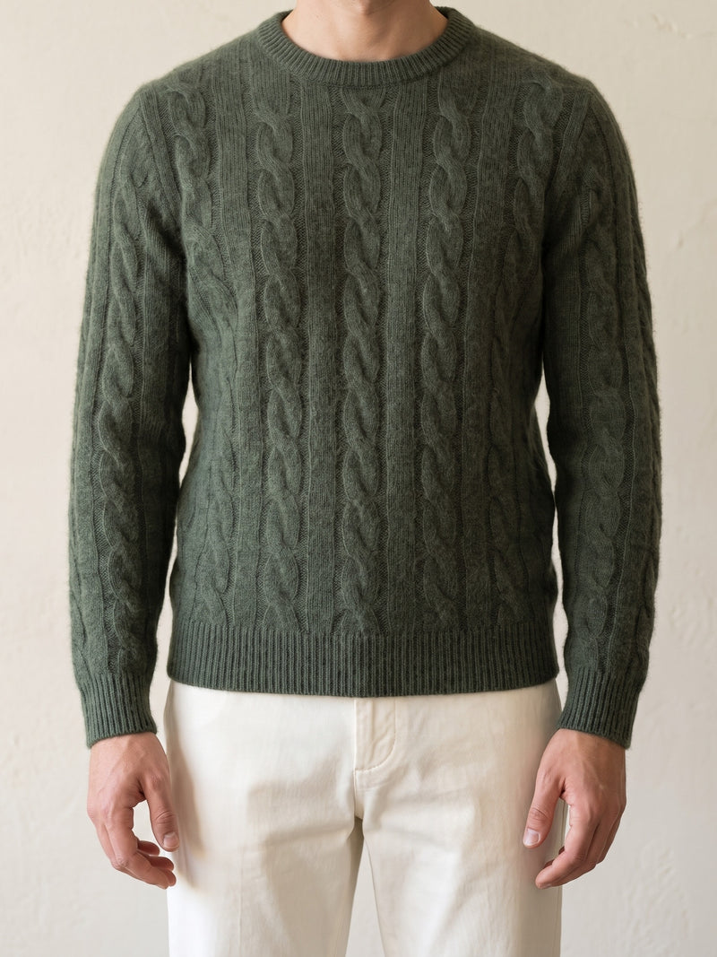 Cashmere Cable Knit Sweater – Olive lifestyle