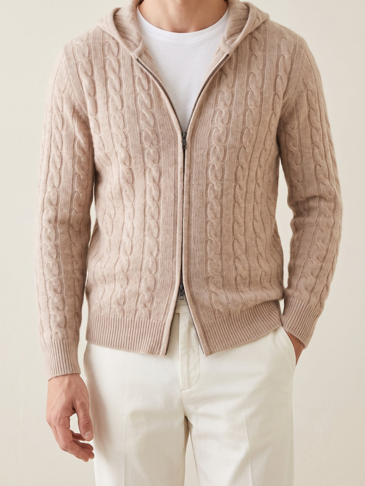 100% Cashmere Cable Knit Zipper Hoodie – Beige lifestyle