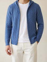 100% Cashmere Cable Knit Zipper Hoodie – Blue lifestyle