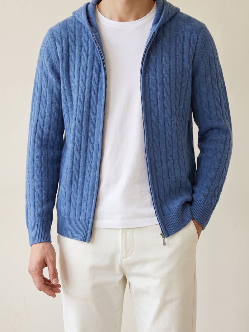 100% Cashmere Cable Knit Zipper Hoodie – Blue lifestyle