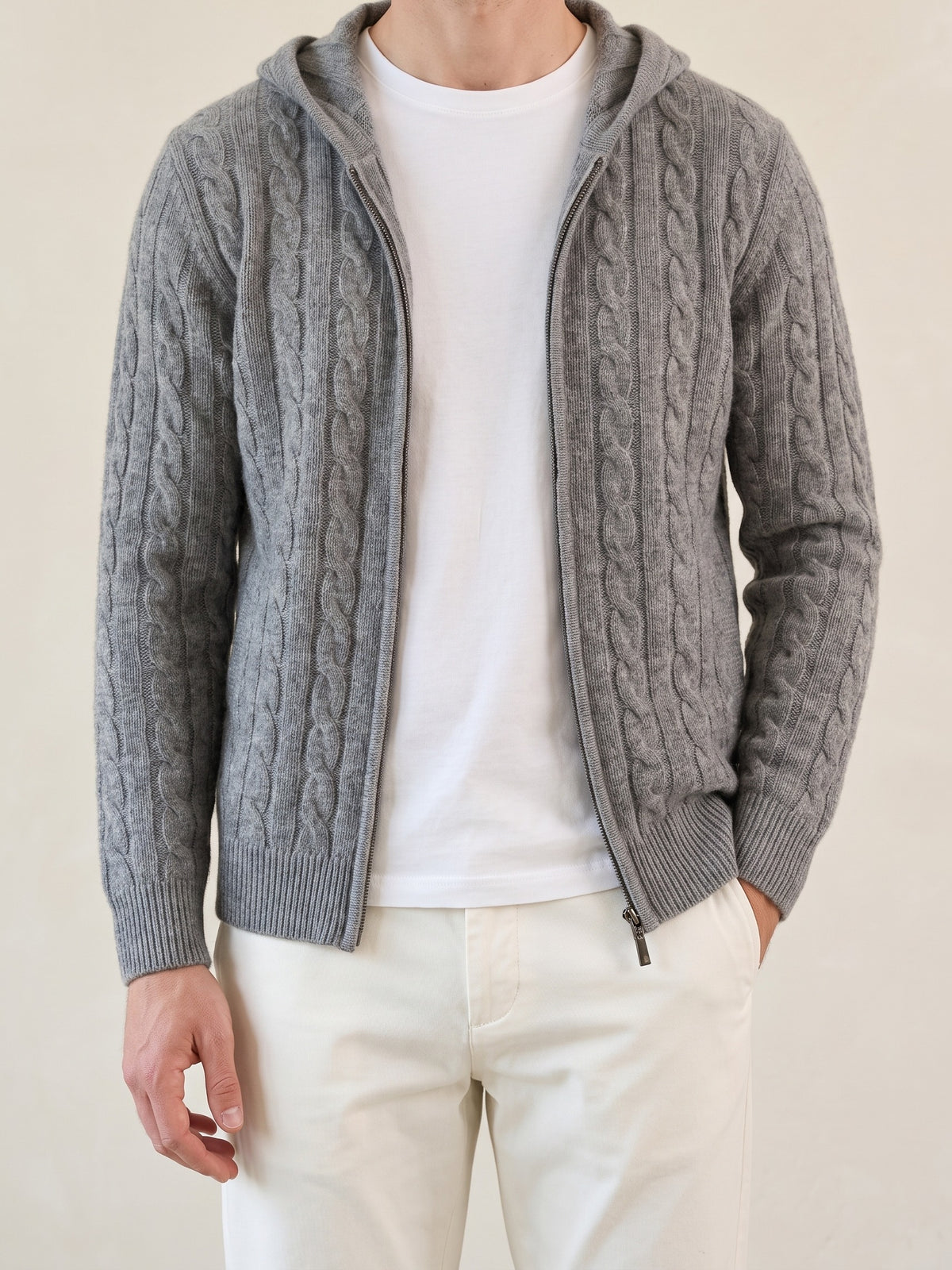 100% Cashmere Cable Knit Zipper Hoodie – Gray lifestyle
