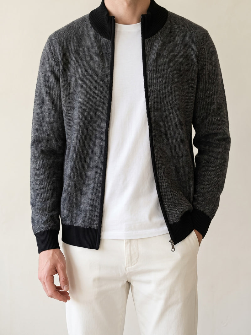 100% Cashmere Jacquard Zip Cardigan – Black lifestyle