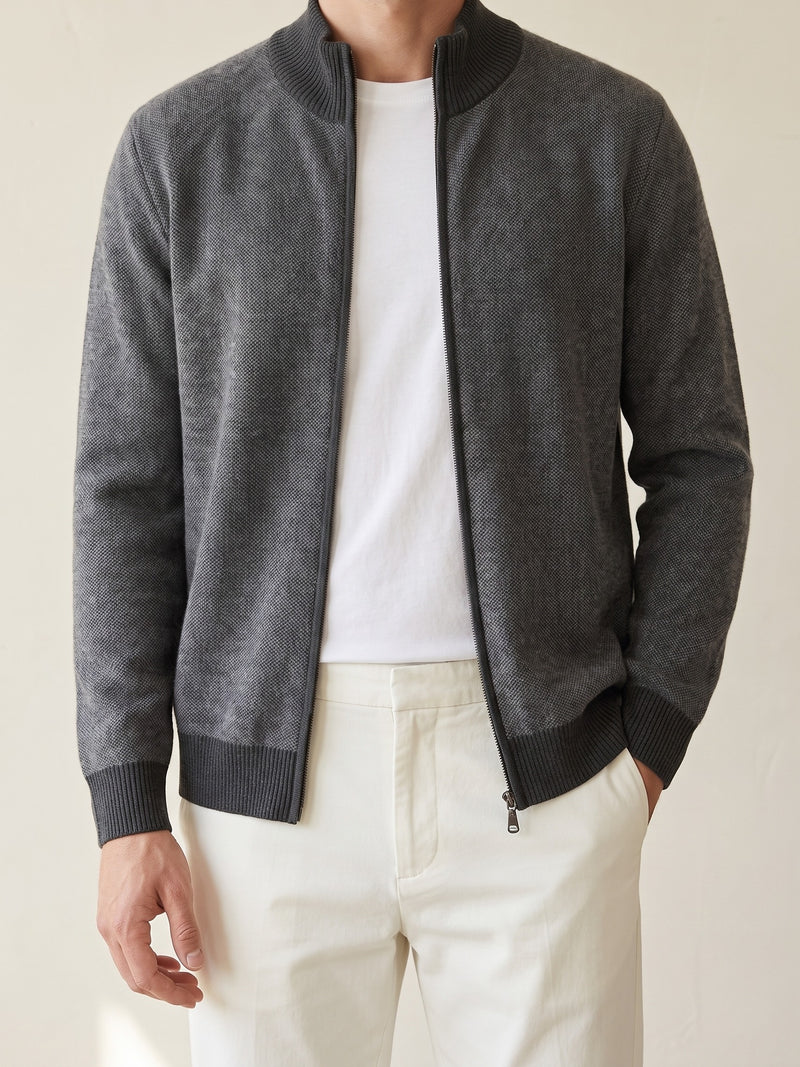 100% Cashmere Jacquard Zip Cardigan – Dark Gray lifestyle