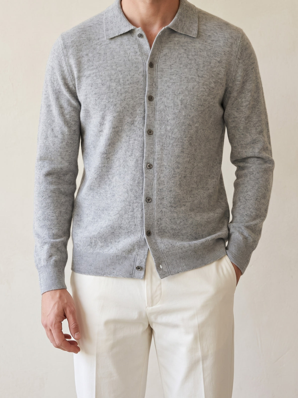 100% Cashmere Polo Button – Light Gray lifestyle