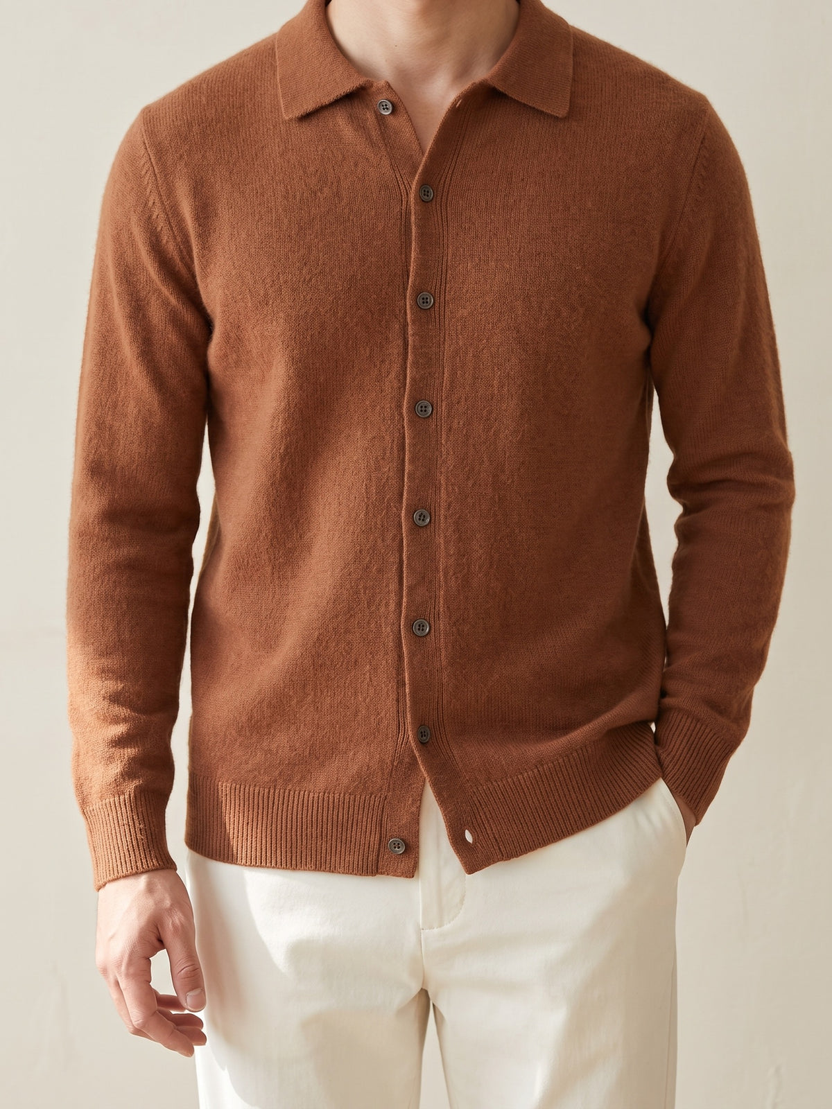 100% Cashmere Polo Button – Red Camel lifestyle