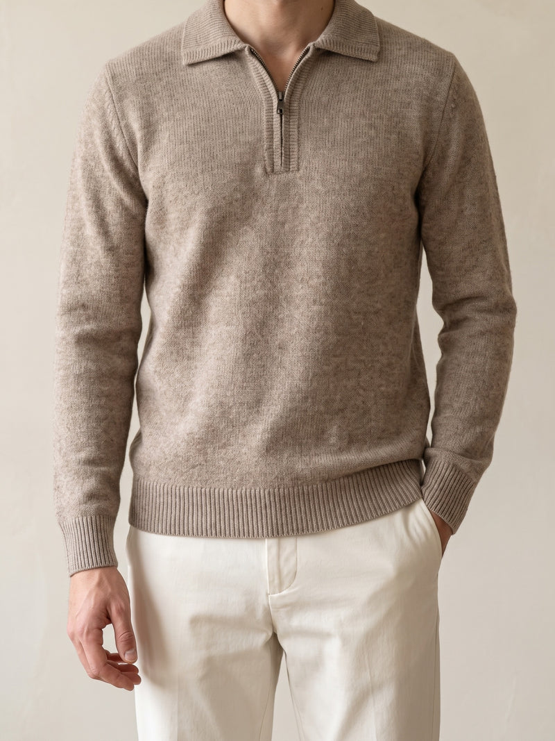 100% Cashmere Quater Zip Sweater – Beige lifestyle
