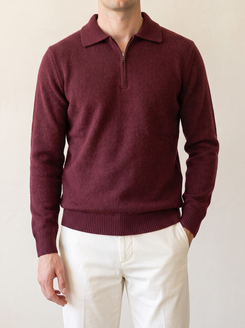 100% Cashmere Quater Zip Sweater – Bordeaux lifestyle