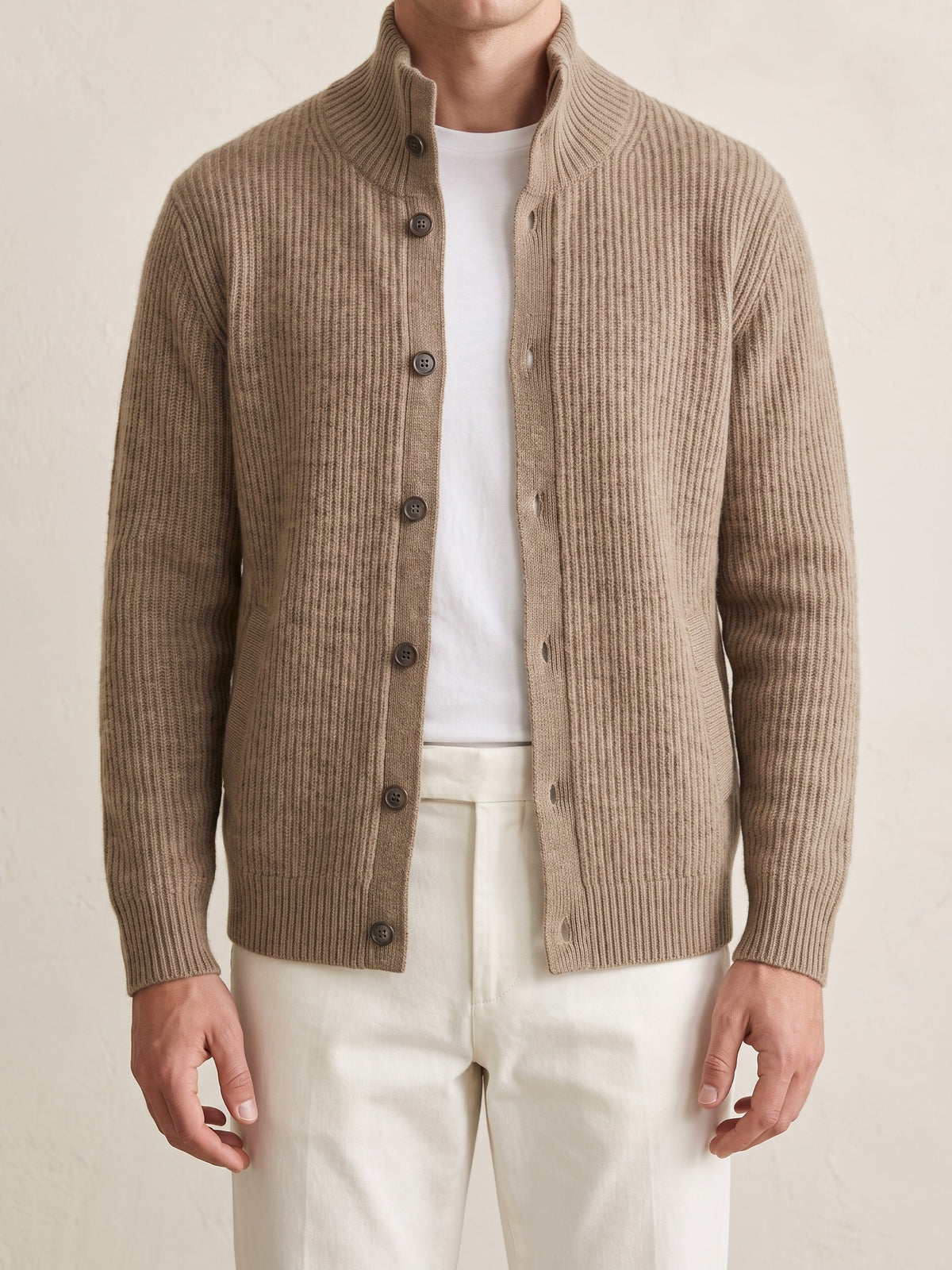 100% Cashmere Ribbed High Collar Cardigan – Beige lifestyle