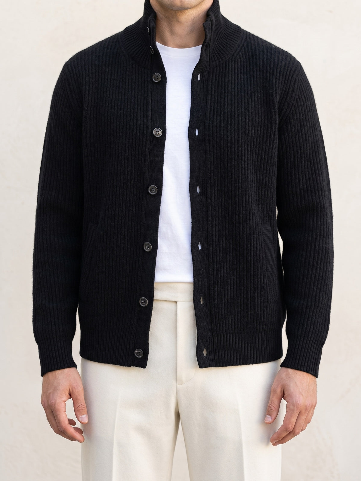 100% Cashmere Ribbed High Collar Cardigan – Black lifestyle