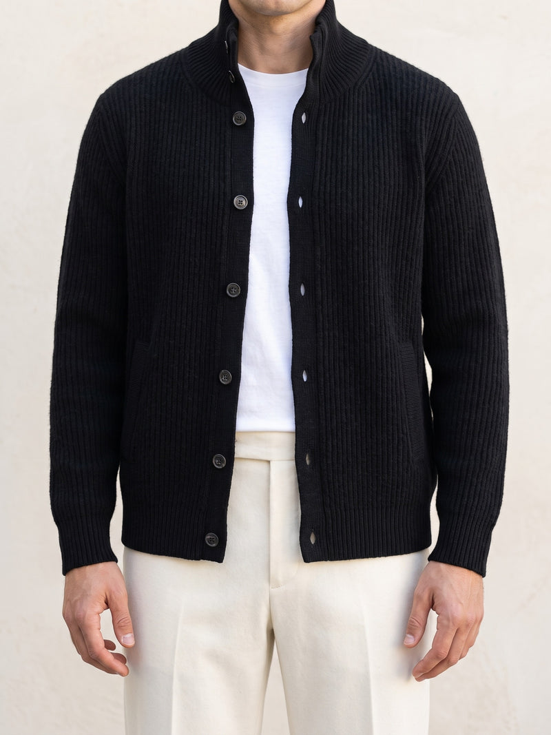 100% Cashmere Ribbed High Collar Cardigan – Black lifestyle