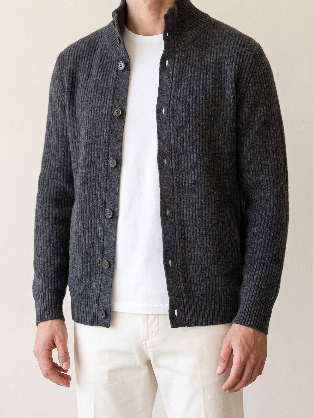 100% Cashmere Ribbed High Collar Cardigan – Dark Gray lifestyle