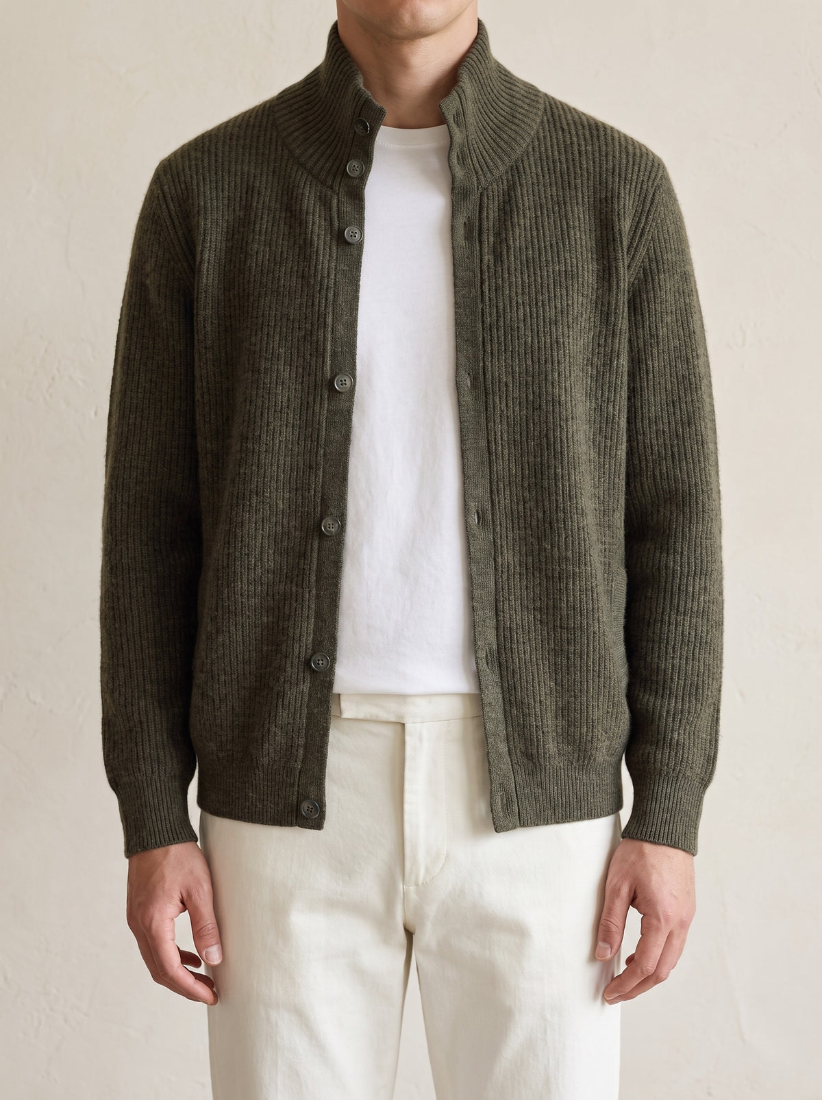 100% Cashmere Ribbed High Collar Cardigan – Olive lifestyle