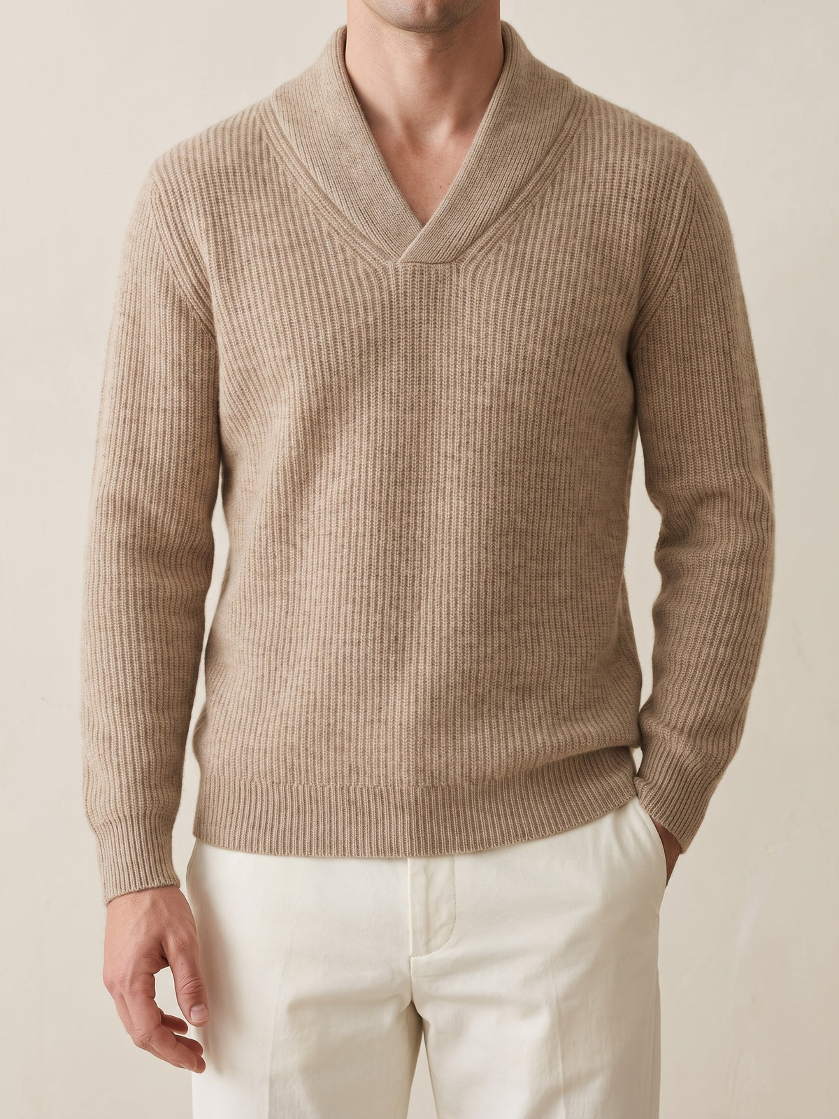 100% Cashmere Ribbed V-Neck Sweater – Sand lifestyle