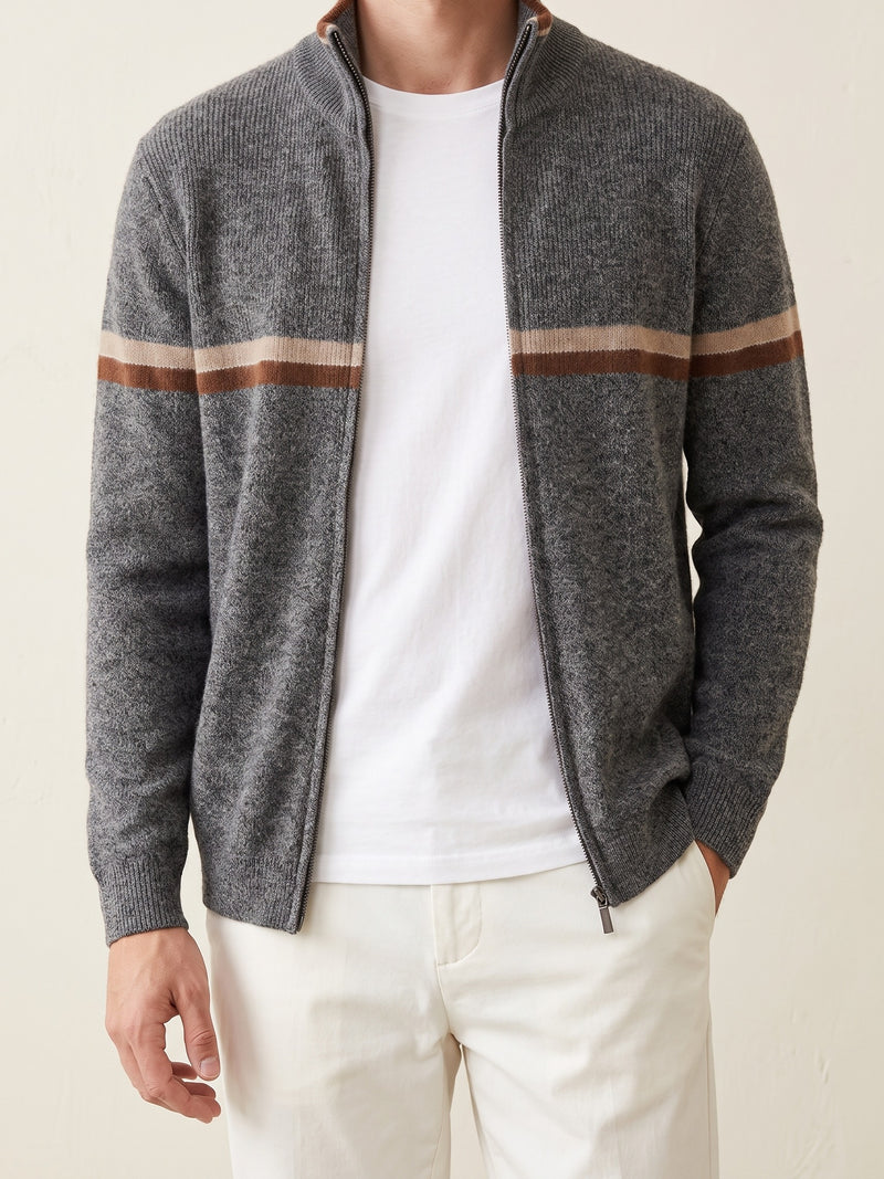 100% Cashmere Striped Zip Cardigan – Dark Gray lifestyle