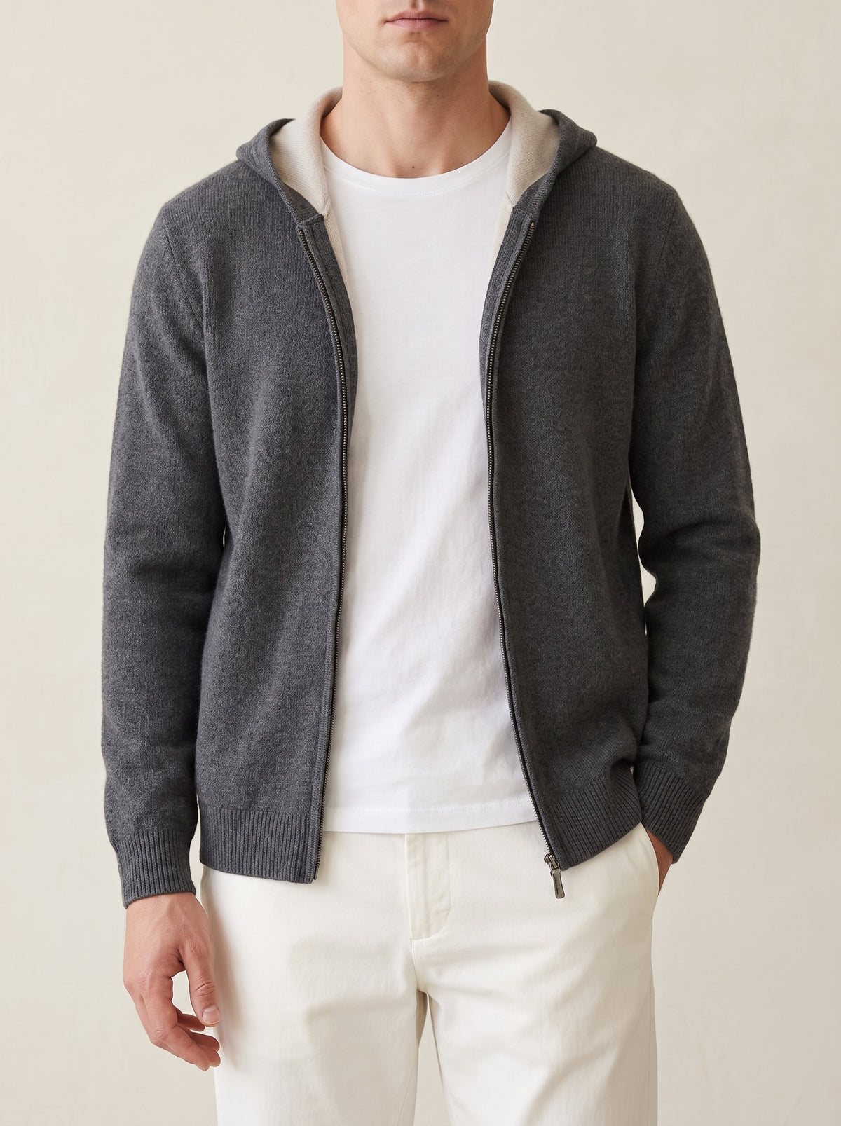100% Cashmere Two -Tone Zipper Hoodie – Dark Gray lifestyle