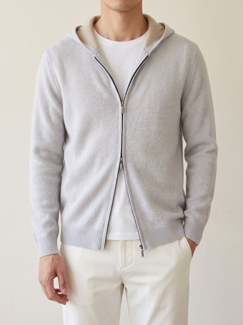 100% Cashmere Two -Tone Zipper Hoodie – Light Blue lifestyle