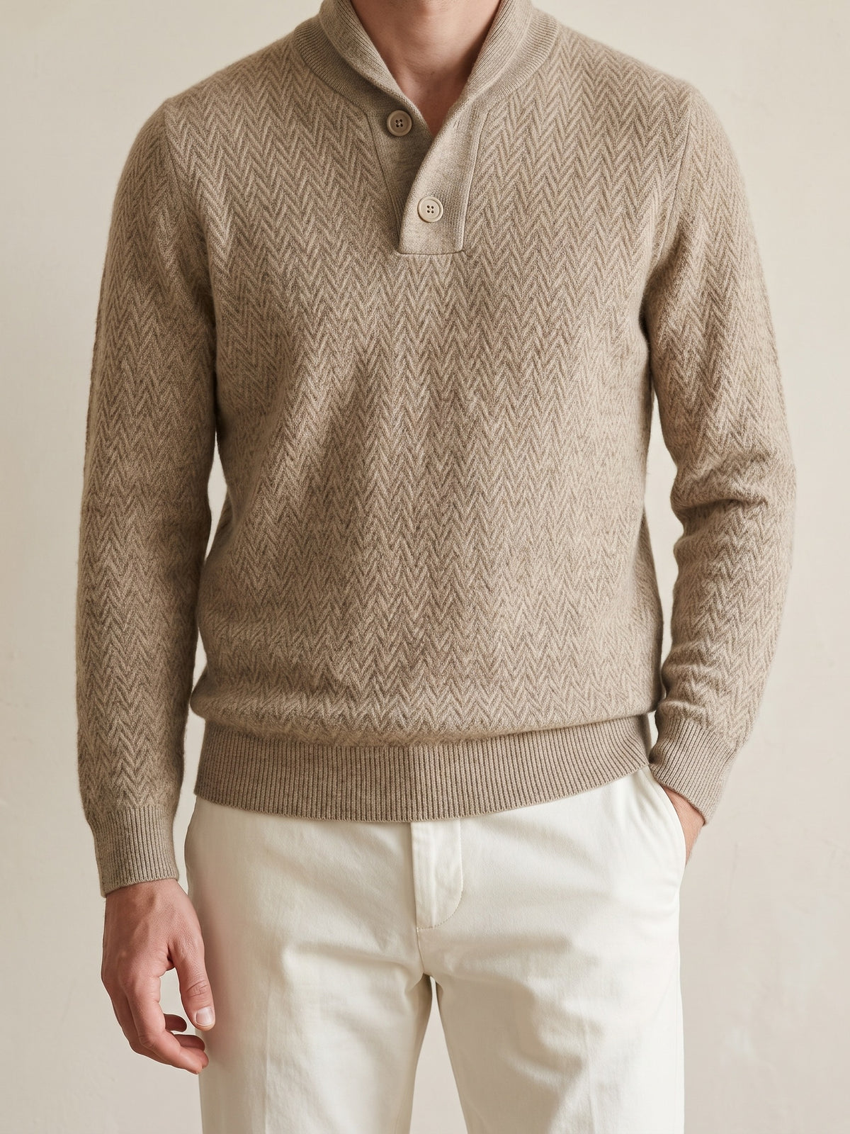 100% Cashmere Zigzag Button Sweater – Beige lifestyle