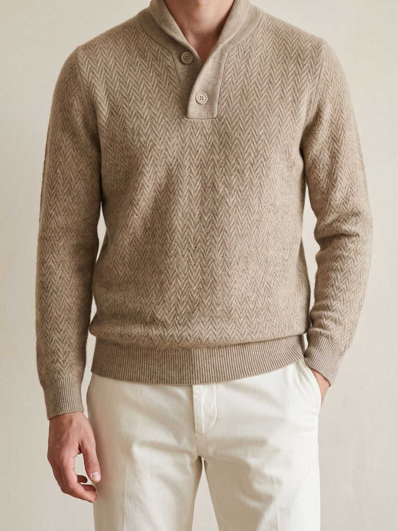 100% Cashmere Zigzag Button Sweater – Beige lifestyle