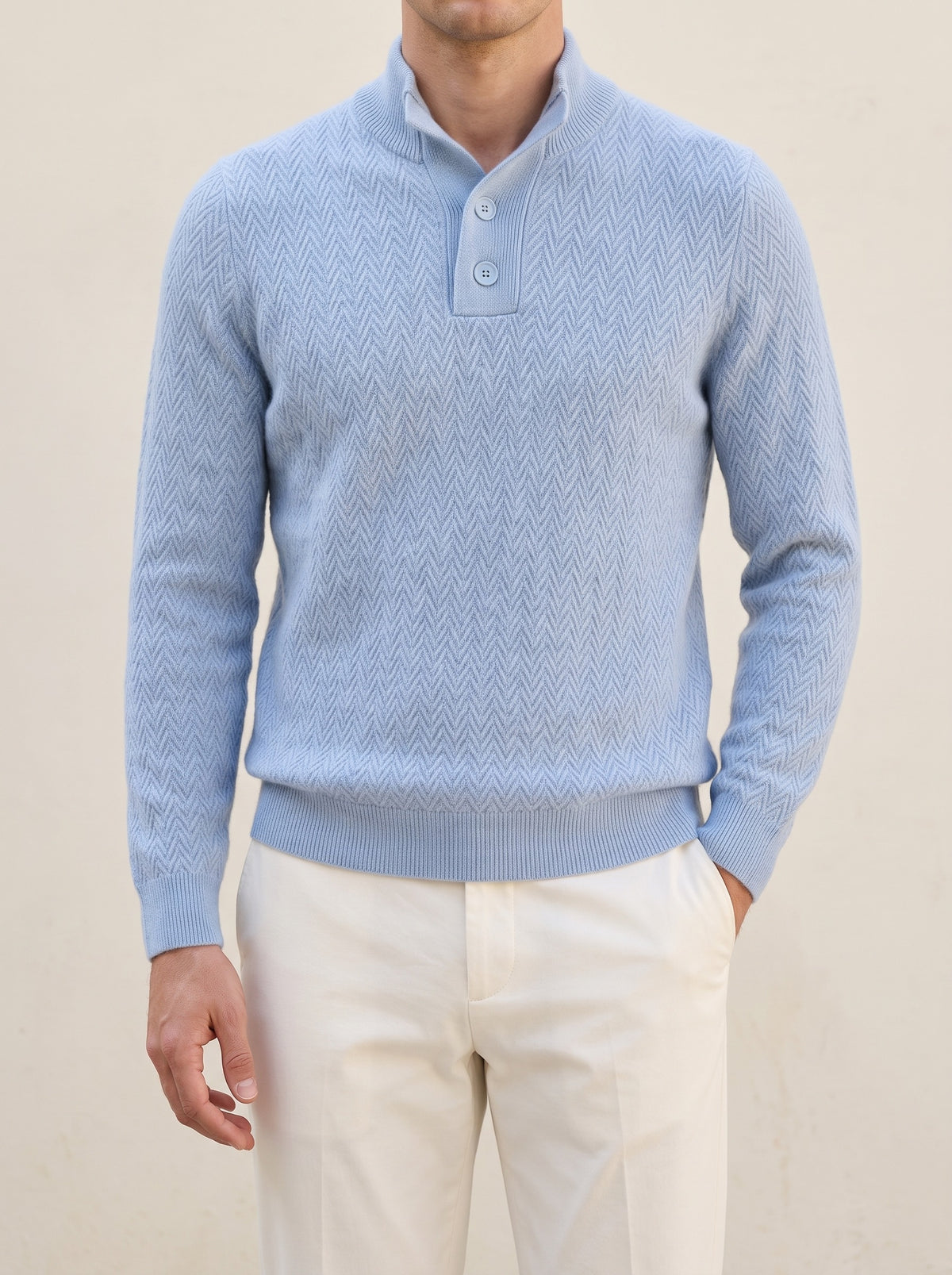 100% Cashmere Zigzag Button Sweater – Light Blue lifestyle